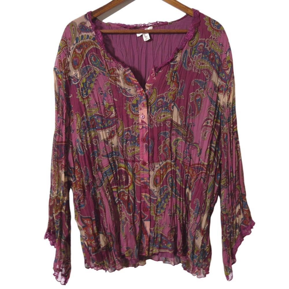 COLDWATER CREEK Size 2X Paisley Long Sleeve Pleated Top Lightweight Fairy Womens